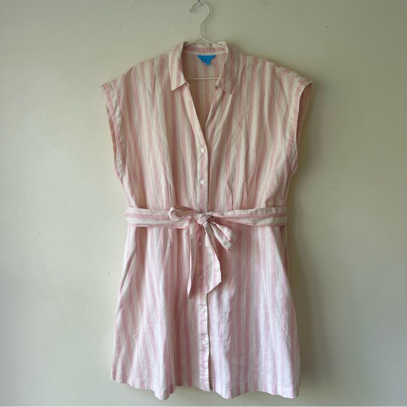 DRAPER JAMES Trisha Linen Belted Shirtdress in Light Pink Cabana Stripe, Plus 2X - Picture 4 of 9